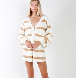 Ivory Camel Striped Oversized Knit Cardigan Shorts